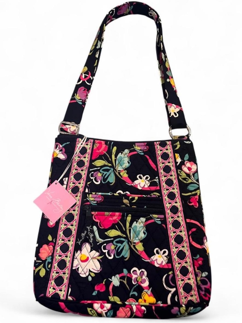 Vera Bradley Black Quilted Shoulder Bag with Pink Floral Trim